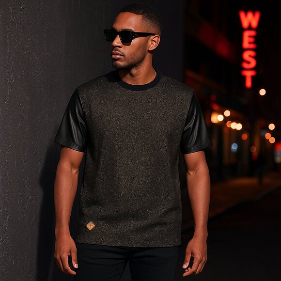 NWT MO7 Men's Modern Metallic Knit Tee Faux Leather Sleeves Night Out Size Large - Picture 2 of 10